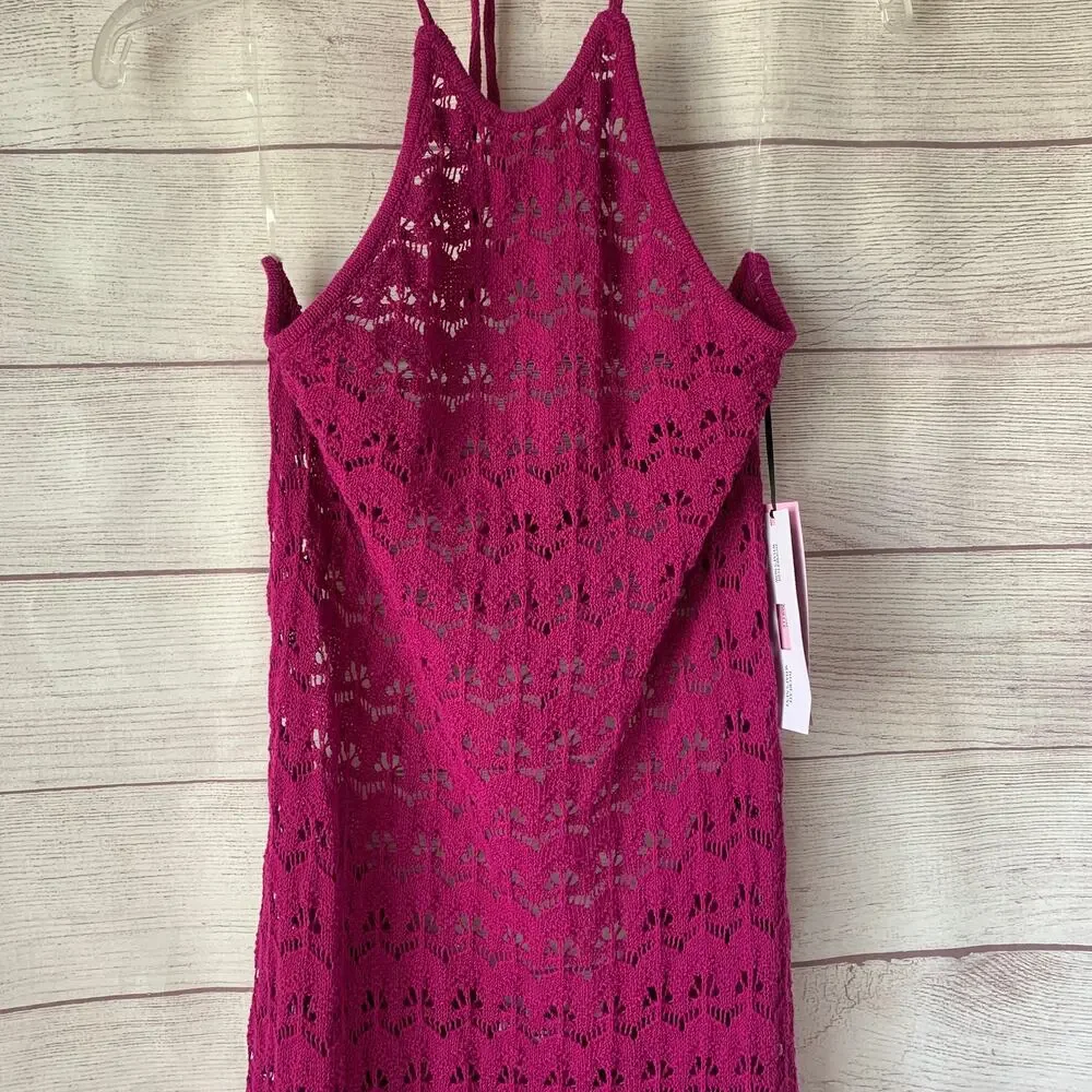 Future Collective Pink Midi Dress Halter Tie Neck Open Knit Crochet Size XL